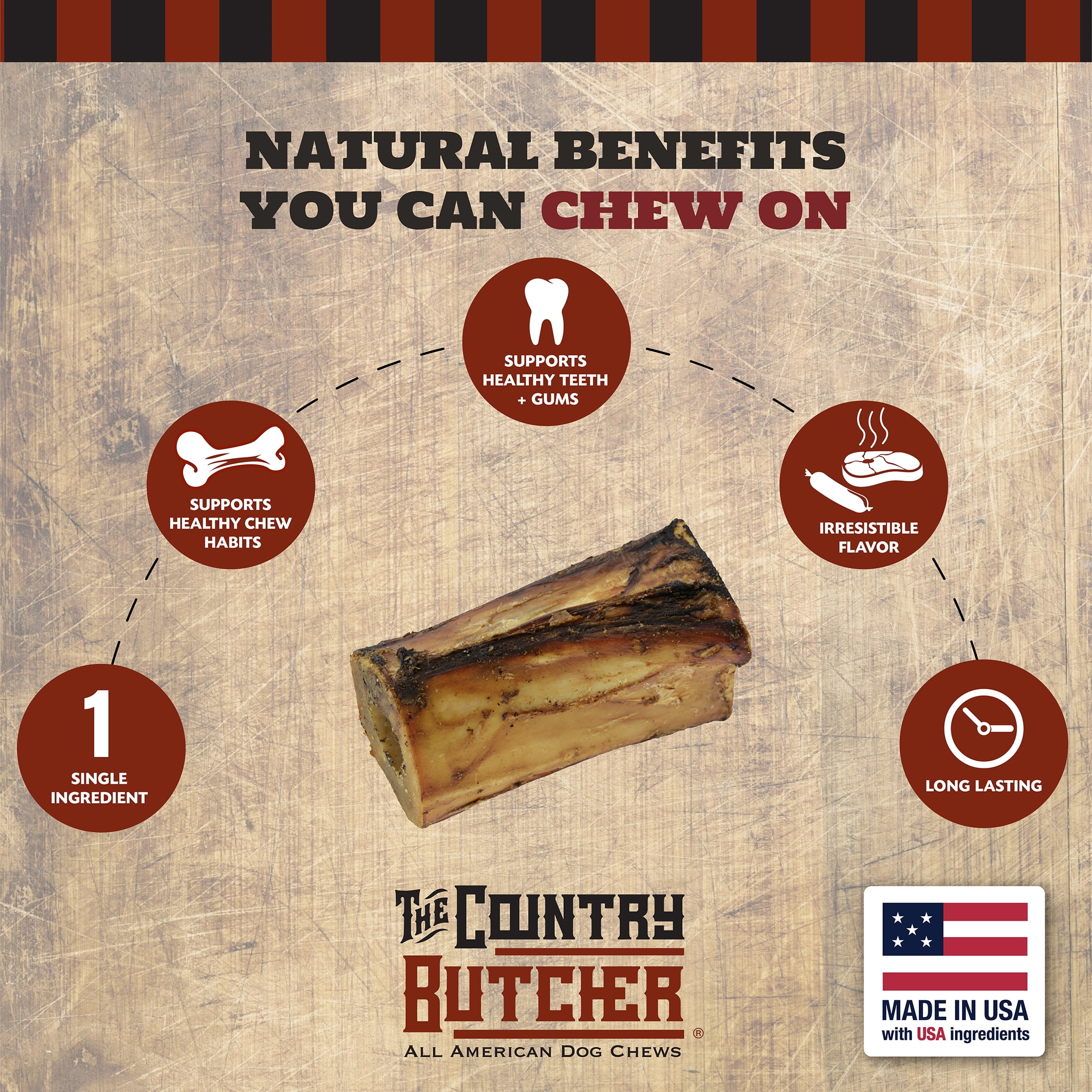 The Country Butcher Medium (4") Beef Center Dog Bones with Marrow & Meaty Pieces, Moderate to Aggressive Chewers, Made in USA, 3 Count