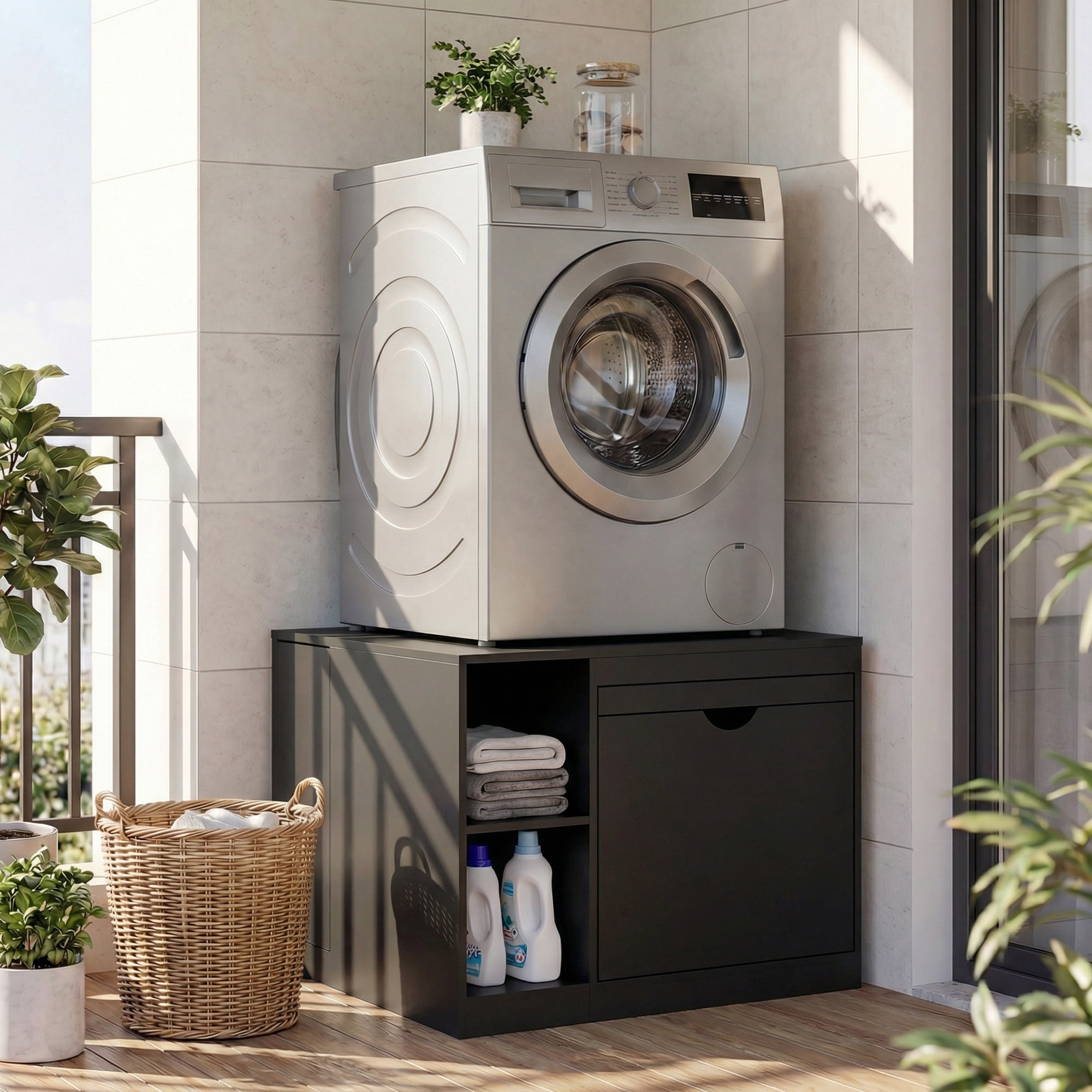 Advwin 29" Washer and Dryer Pedestal, Heavy Duty Washing Machine Stand with Laundry Basket Shelf, Large Drawer, Storage Shelf & Cabinet, Universal Fit Anti-Vibration Laundry Pedestal, Black