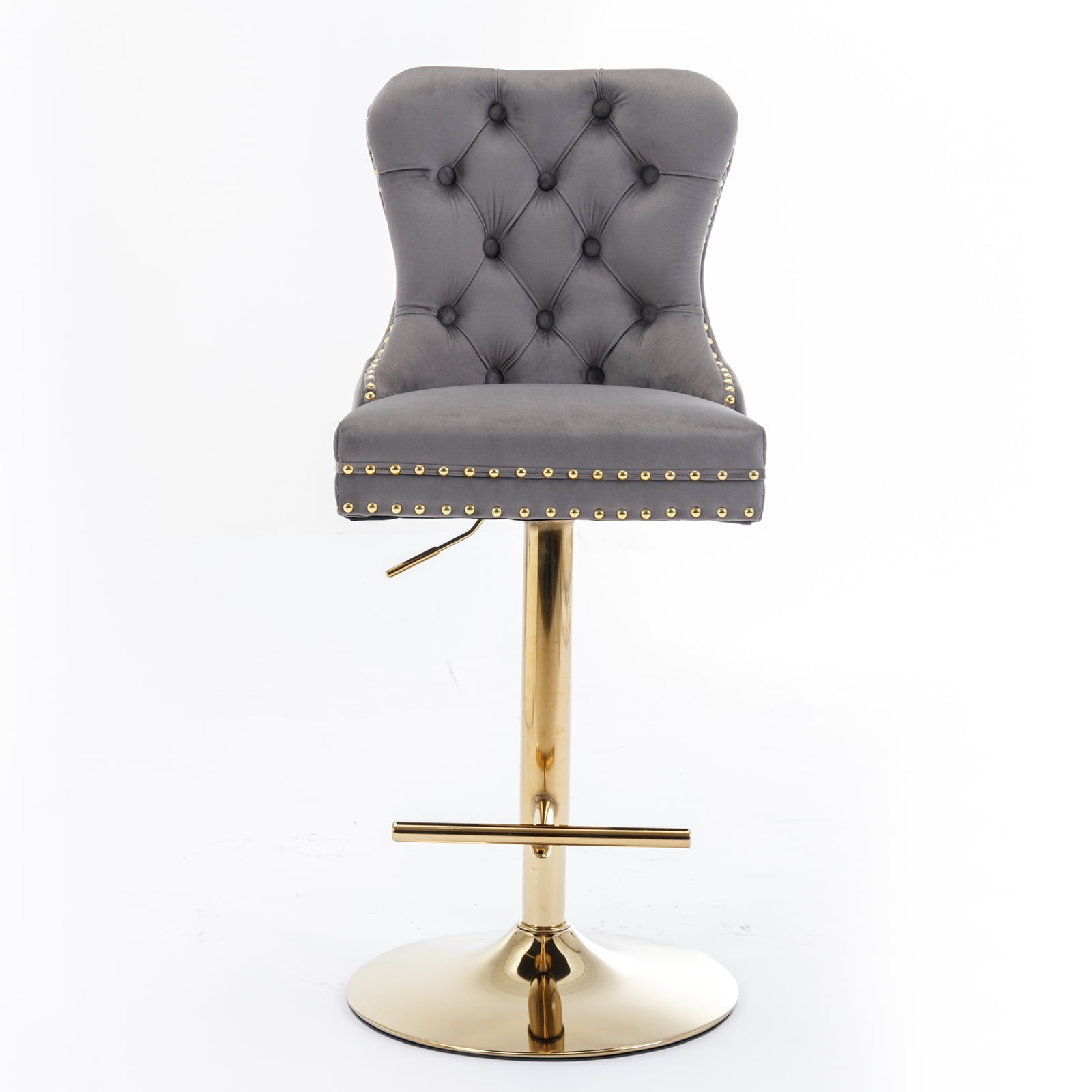 Yoneston Bar Stools Set of 2, Adjustable Height Bar Stools with Tufted Velvet Upholstery, Nailhead Trim & Gold Metal Base, Modern Counter Stools for Pub, Kitchen Island, Gray