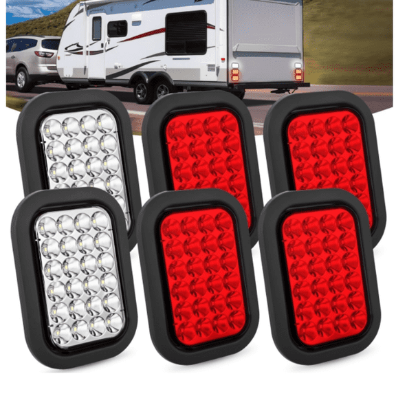 5” X 3” Rectangular Trailer Tail Light 4 PCS White Red 24LED Brake Turn Signal Reverse Lights w/Flush Mount Grommets Plugs