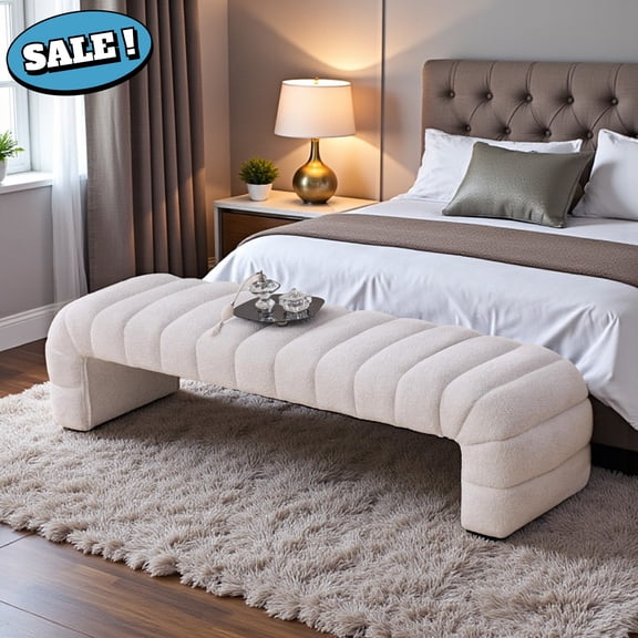 GZXS 69.7" Channel Tufted Chenille Upholstered Bench with Solid Wood Frame, Modern Padded Bench for Bedroom, Living Room or Entryway, (Ivory)