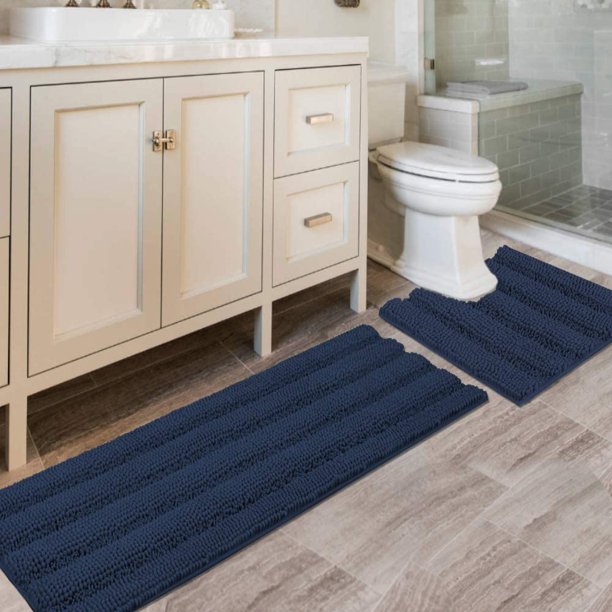 Juego de alfombrillas antideslizantes de chenilla gruesa y peluda para baño, extrasuaves y absorbentes, a rayas, 2 piezas, lavable a máquina, color azul marino, 47 x 17 pulgadas más 20 x 20 pulgadas en forma de U