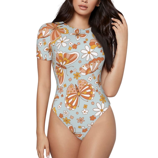 Balery Retro Floral Butterfly Body de cuello redondo de manga corta para mujer Tops de manga corta Tops básicos-Small