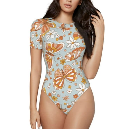 Gaeub Retro Floral Butterfly Women S Short Sleeve One Piece Swimsuit Sexy High-Waisted Bodysuit For Swimming  Beach  Sports - Xx-Large