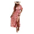 thumbnail image 1 of Allover Imprimé Papillon Manches Fendues Côté Ceinture Robe Rose, 1 of 1
