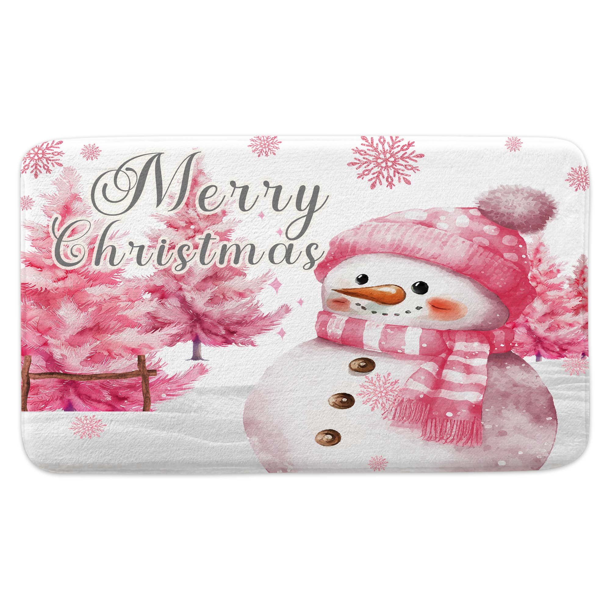 Christmas Door Bath Mat, Pink Cute Snowman Christmas Tree Nature Forest Door Mat Bath Mat Rug, Non-Slip Entrance Door Rugs for Indoor Outdoor Bathroom,17X48