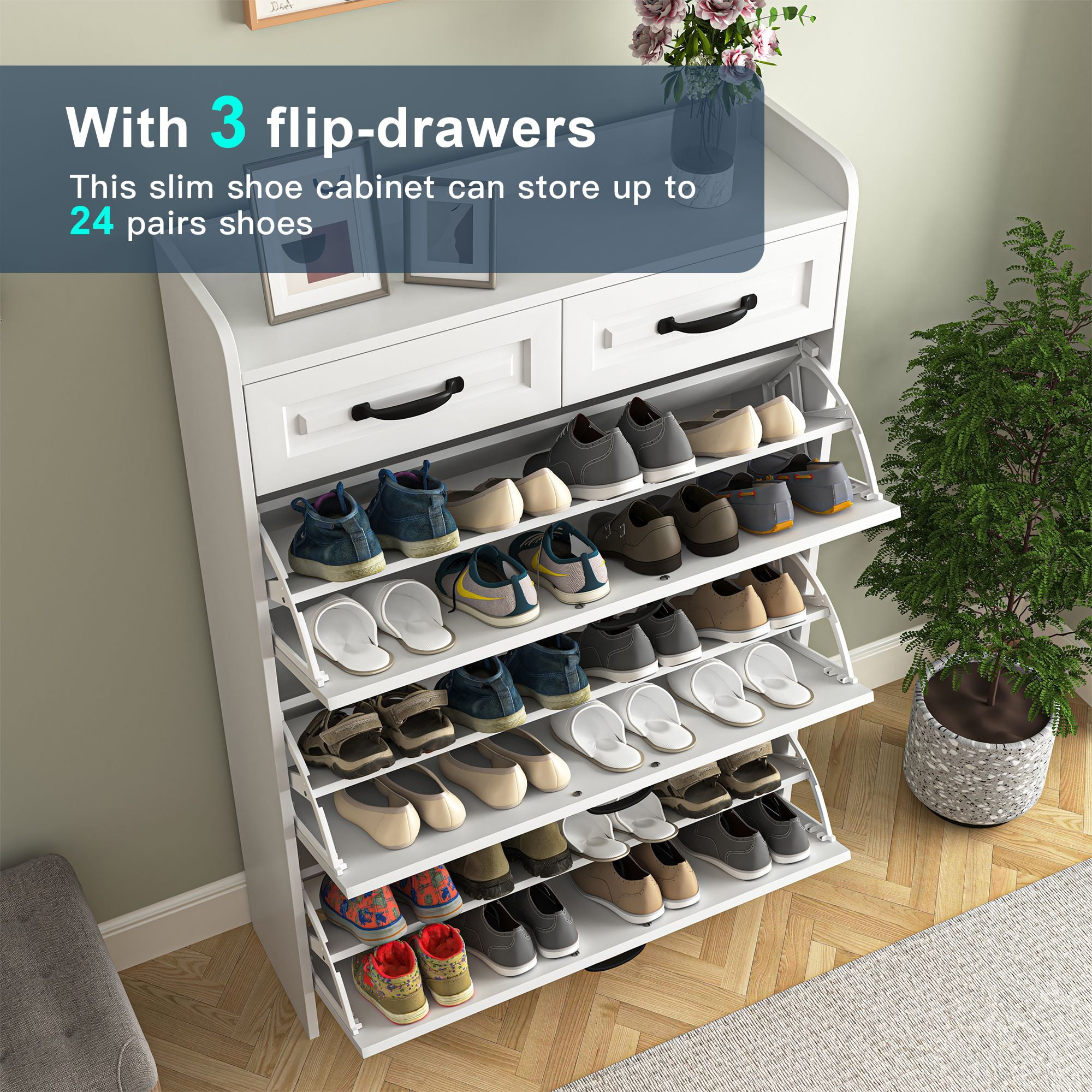 Demi Bonn Narrow Shoe Storage Cabinet, Shoe Cabinet for Entryway with 3 Flip Drawers, Wood Hidden Freestanding Shoe Organizer for Hallway, Bedroom, Apartment, White