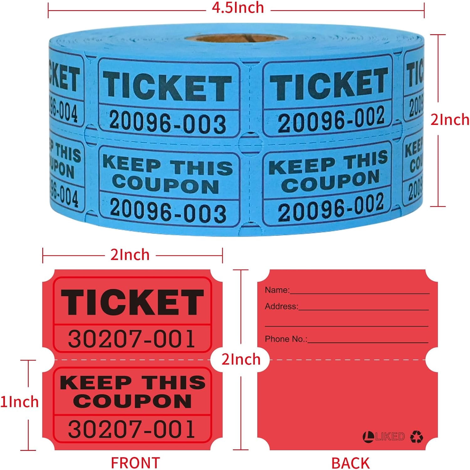 2000 Raffle Tickets Double Rolls 50/50 Stub Tickets with Consecutive Numbers 1000 Pairs per Roll,2 Rolls-Blue,Red