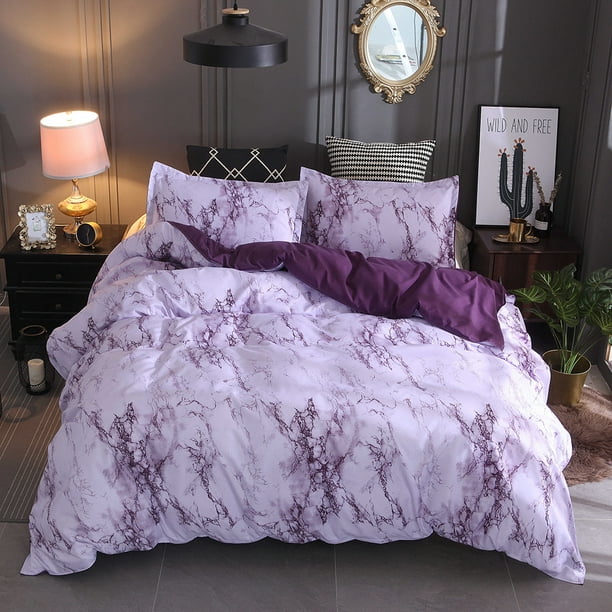3pcs Marble Duvet Quilt Cover Set Full, Purple And Gold King Size Bedding