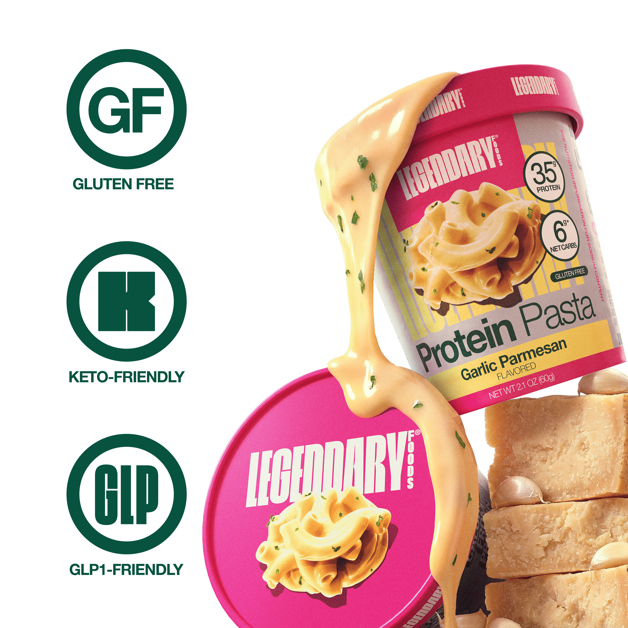 Legendary Foods Protein Pasta, Garlic Parmesan, 35g Protein, 1 Cup, Keto Friendly, Gluten Free