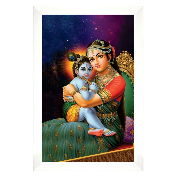 IBA Indianbeautifulart Baby Krishna With Maa Yashodha Picture Frame Religious Poster Black Wall Frame Deity Photo Frame Wall Decor For Home/ Office/ Temple-6 x 8 Inches