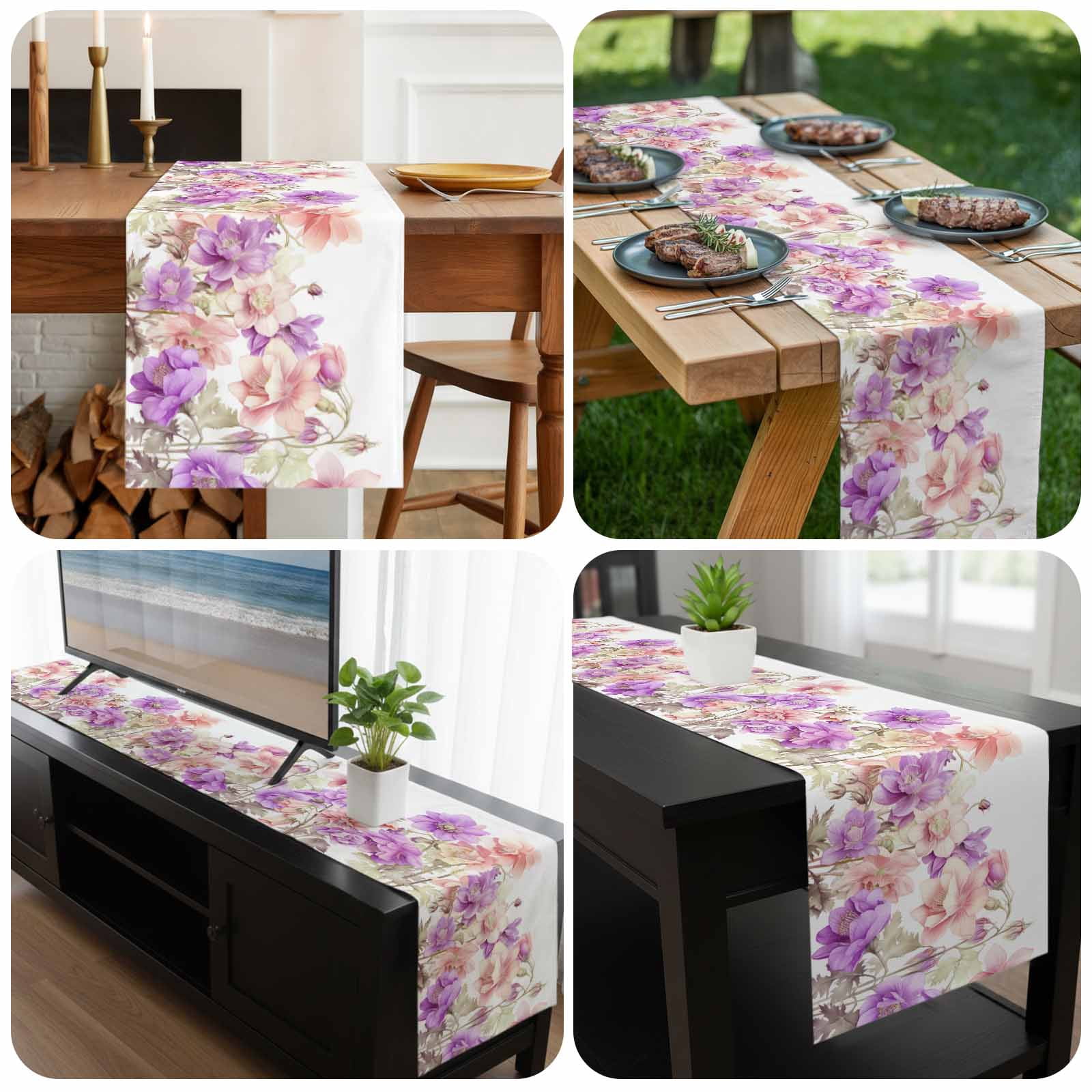 Pink Purple Spring Floral Table Runner 72 Inches Long, Summer Flower Botanical Kitchen Coffee Dining Table Decoration for Home Party Birthday Wedding Home Decor 18x72 Inches
