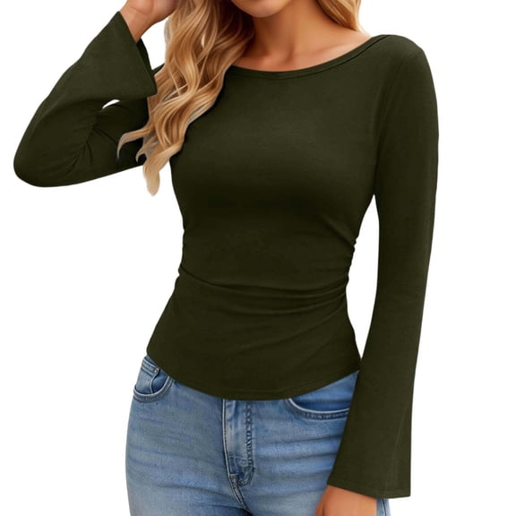 DHFJKG Flare Long Sleeve Shirts Women Solid Color Fitted T Shirt Boat Neck Sexy Slim Fit Basic Tee Spring Fall Trendy Tops