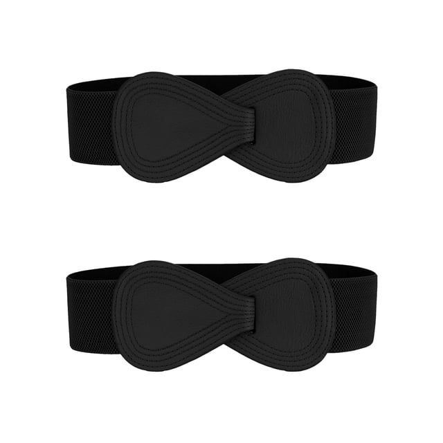 Cinturón elástico de cuero sintético con hebilla en forma de 8 de 2 piezas Inspire Chic para dama 33.5x2.36" (LxA) Negro