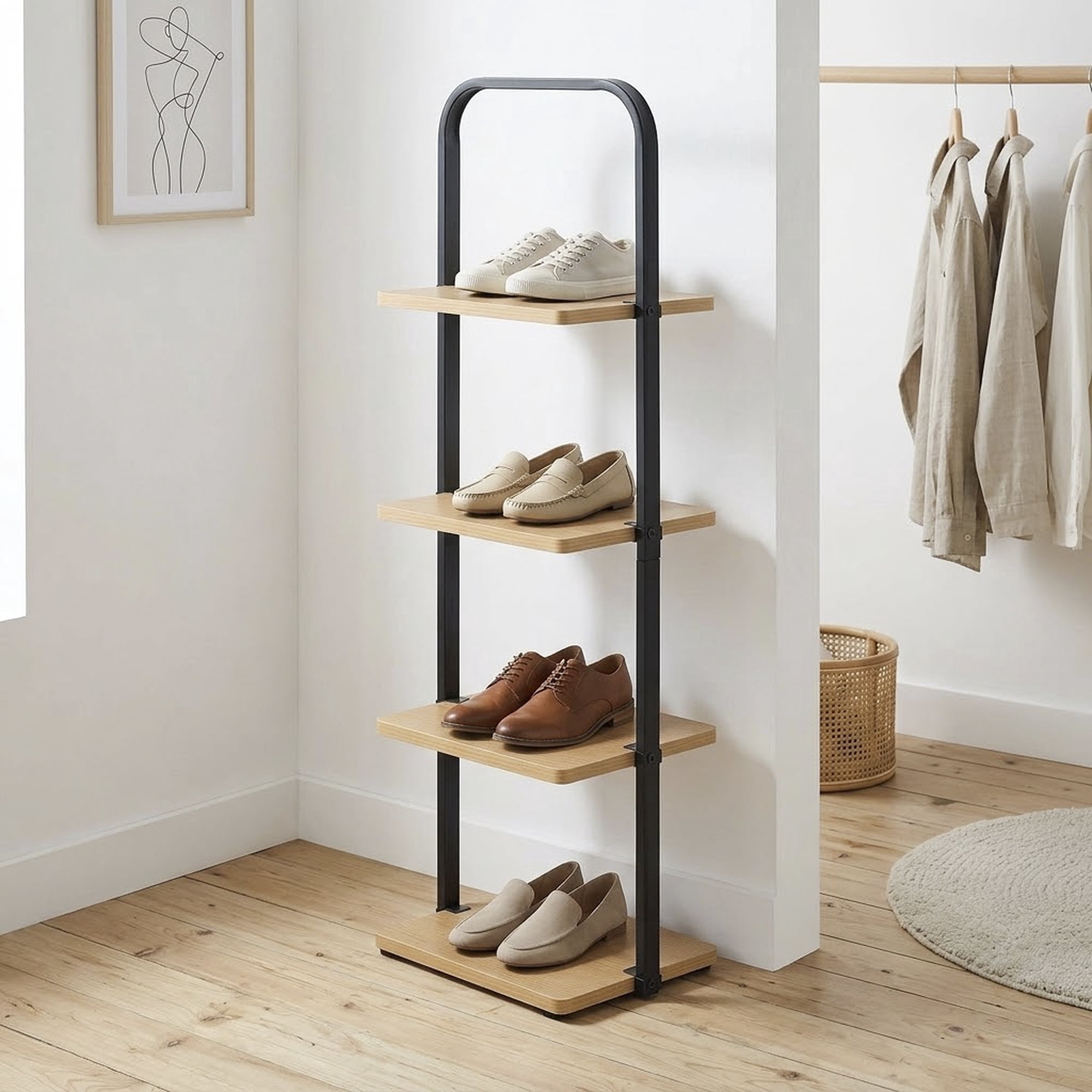 Better Homes & Gardens Juliet 4-Tier Wooden Shoe Ladder for Shoe Storage, Black and Light Honey Wood, Holds up to 4 Pairs