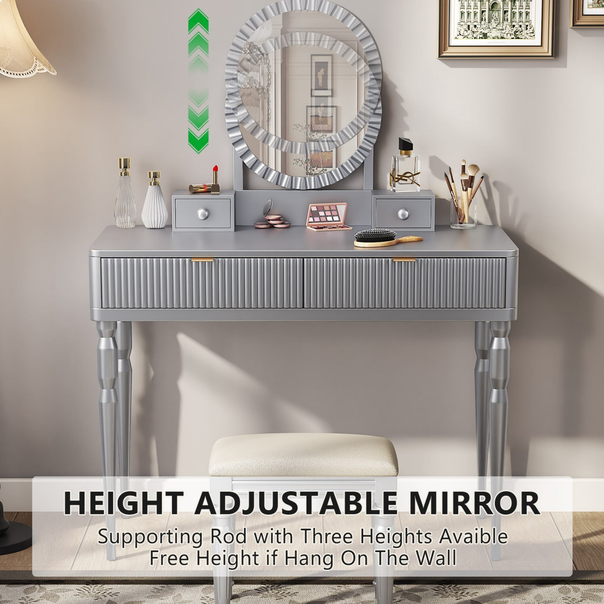 AENKYO Vanity Table with Stool & Adjustable Mirror, Vintage Modern Solid Wood Makeup Desk with 4-Drawer, Silver