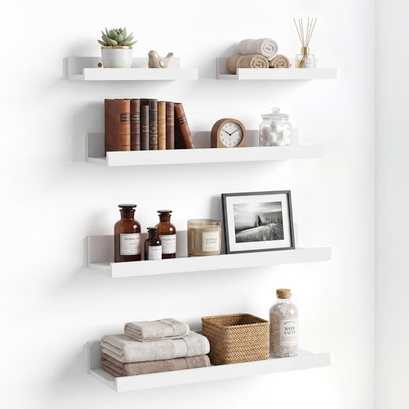 Floating Shelves Set of 5, 16 inch Wood Wall Mounted Shelf for Bathroom, Bedroom, Kitchen, Living Room Storage and Decoration, White