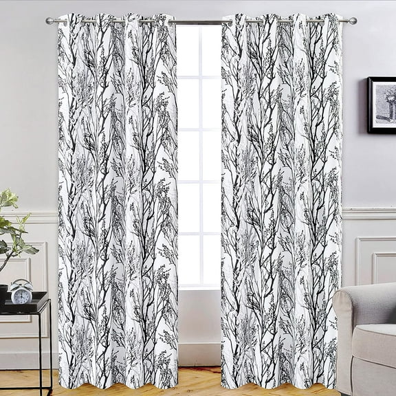 DriftAway Tree Branch Botanical Pattern Painting Blackout Room Darkening Thermal Insulated Grommet Lined Window Curtains 2 Panels 2 Layers Each 52" x 96" Black White
