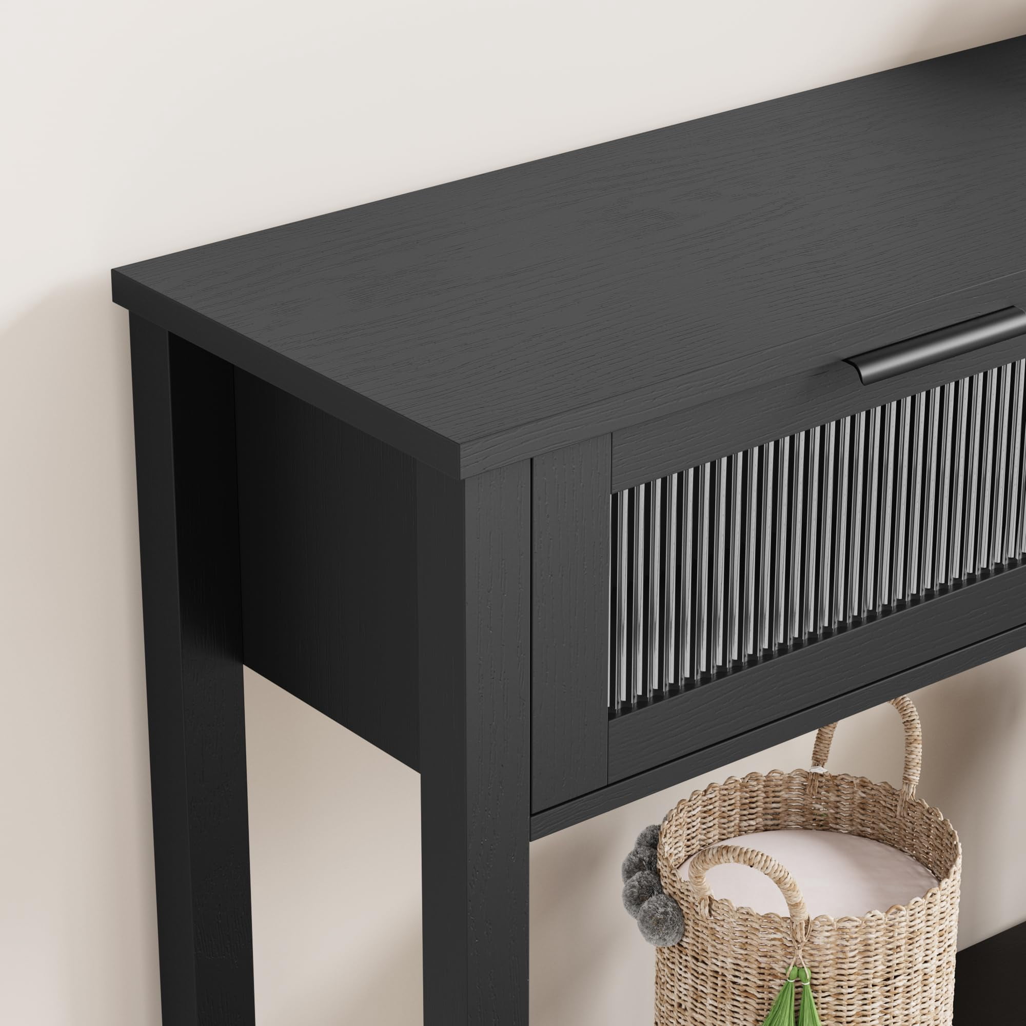 PYY Modern Black Wood Console Table with Glass Drawers – 2-Tier Narrow Sofa Side Table, Storage Shelf for Entryway, Hallway, Living Room, Home Office, Farmhouse Style – Black