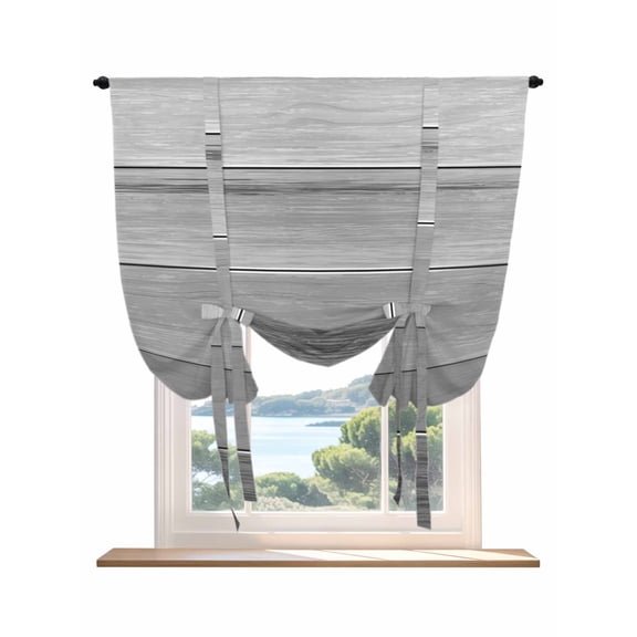 Grey Ombre Wooden Tie Up Curtains for Windows 63 Inch Length Balloon Curtains Kitchen Adjustable Balloon Window Shade Farmhouse Retro Gray Wood Gradient Tie Up Valance Bathroom Curtain Window 42"x63"