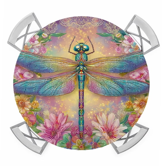 Purple Dragonfly Round Tablecloth for 36-44 Inch Tables,Fitted Table Cover with Elastic Edge,Colorful Flowers Watercolor Chic Floral Plant Waterproof Outdoor Table Cloth Protector for Patio Dinner