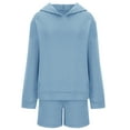thumbnail image 3 of Women's Sweatsuit Sets 2 Piece Solid Loose Sport Lounge Outfits Long Sleeve Hoodies Pocketed Short Pants Tracksuits, Light Blue, M, 3 of 4