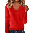 thumbnail image 2 of Women's V Neck Chest Pocket Sweater, Drop Shoulder Long Sleeve Pullover, Solid Color Knit Top, Casual Loose Fit Blouse, Everyday Comfort Wear with Front Pocket Red XXL, 2 of 6