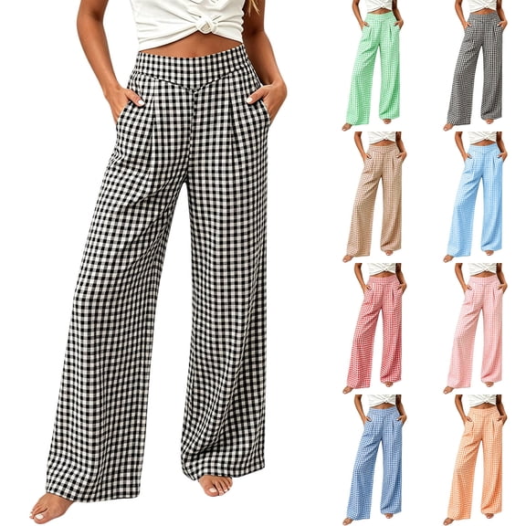 Horkkom Plaid Pants for Women High Waisted Wide Leg Dress Pants Casual Loose Pleated Pants with Pockets L