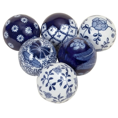 DecMode Vintage Style Blue Ceramic Floral Decorative Balls, Set of 6, 3"D