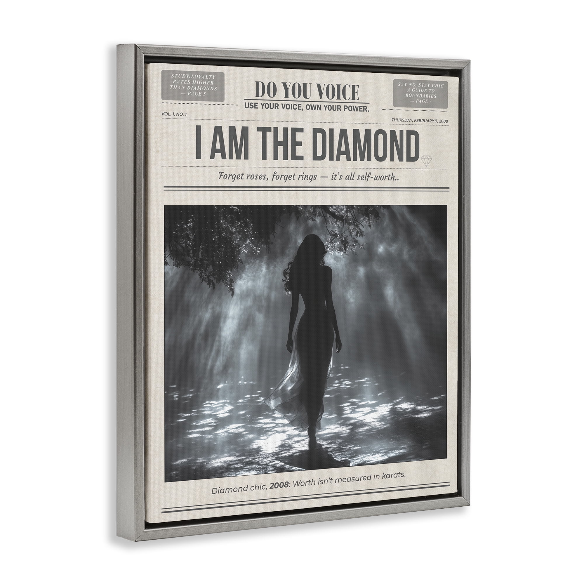 Stupell Industries Diamond Chic Newspaper Gray Framed Floater Canvas Wall Art, design by A Barefoot Stylist
