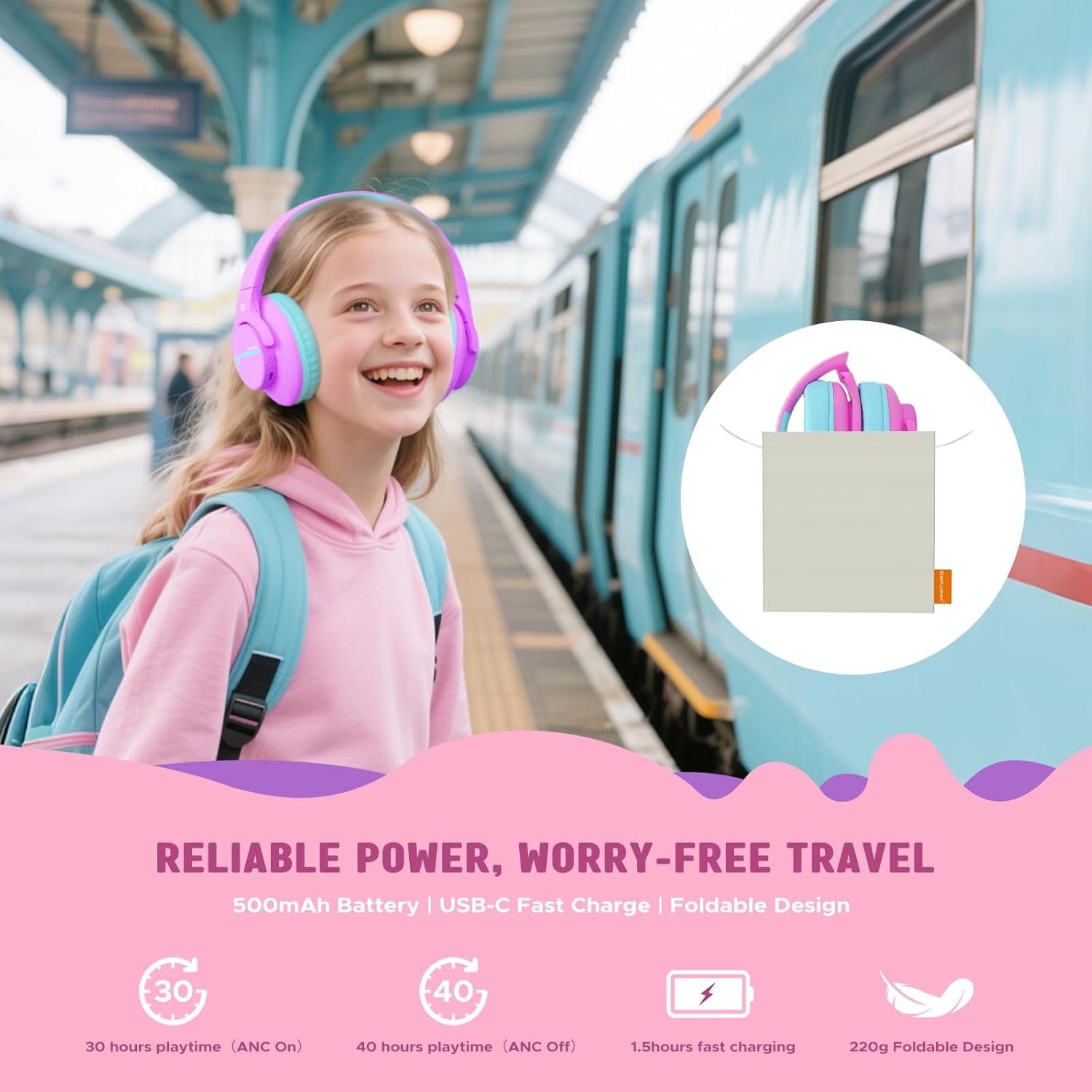 Nova1Lite Kids Wireless Active Noise Cancelling Headphones, Bluetooth 5.3, Safe Volume 74/85/94dB, Real 40H Battery, Type-C Fast Charging, Built-in Mic for School Travel Airplane, Purple