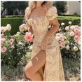 thumbnail image 4 of Women Floral Print Long Dress Summer Puff Sleeve Square Neck Tie Front High Split Dress Ruched Drawstring Chic Dresses Vestidos, 4 of 7