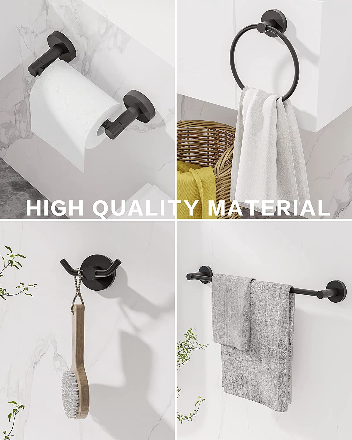 4 Pieces Bathroom Hardware Accessories Set (18-Inch Single Towel Bar, Towel Ring, Toilet Paper Holder, Double Towel Hooks) Matte Black Stainless Steel and Zinc Alloy Wall Mounted