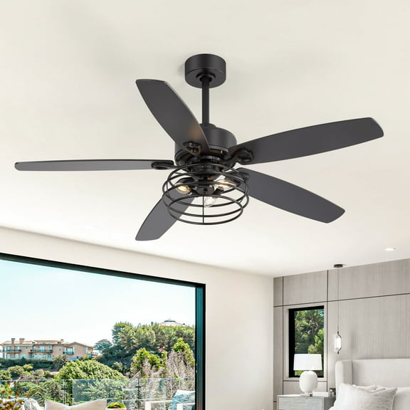 ALKAFY 52 inch Black Traditional Ceiling Fan with Light & Remote Control, 5 Blades, for Living/Bedroom/Dining Room