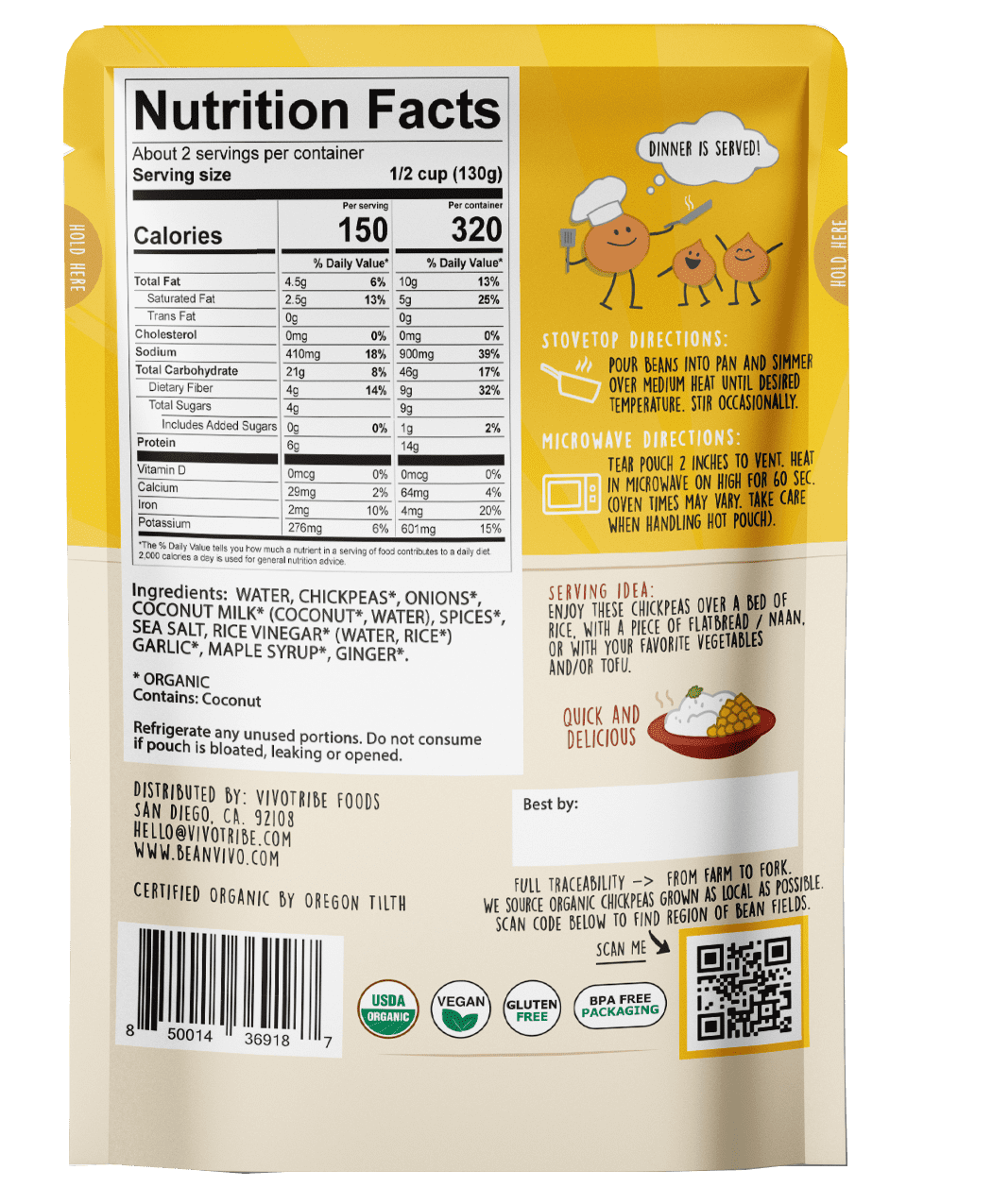 (6 pack) BeanVIVO Organics Plant Based Coconut Curry Chickpeas, Microwaveable, Gluten-Free, 10 oz Pouch