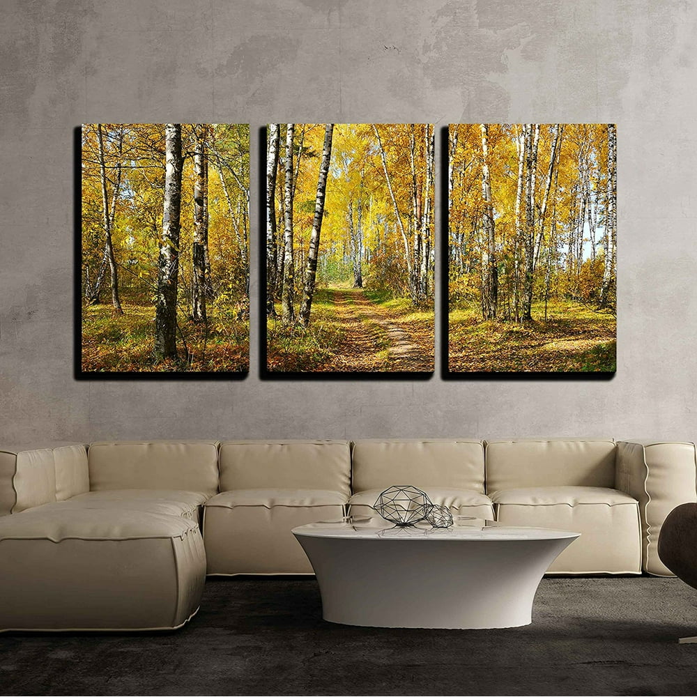 wall26 3 Piece Canvas Wall Art birch grove in autumn forest Modern Home Decor Stretched