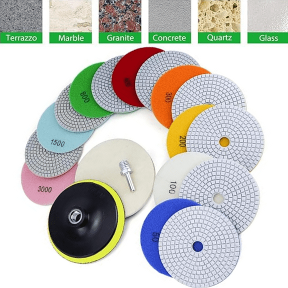 5 Inch Diamond Polishing Pads, 50-3000 Grit Wet/Dry Granite Stone Polish Pad Kit with 5/8’’-11 Backer Pad, Drill Adapter and Wool Disc