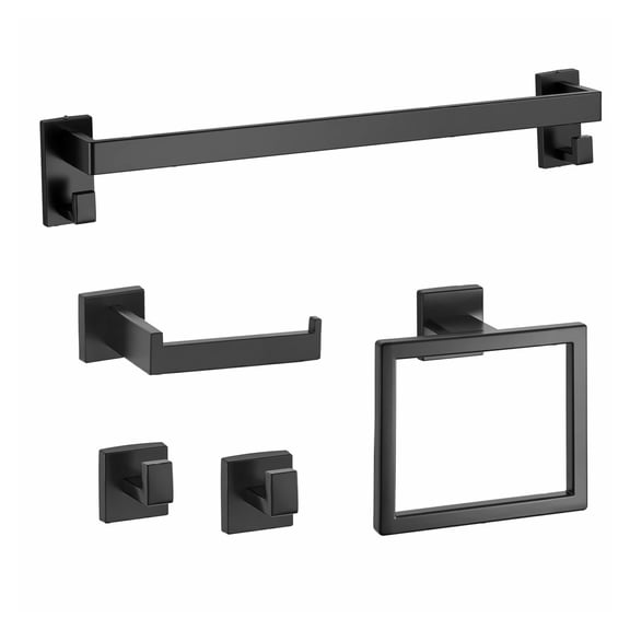 Matte Black Bathroom Hardware Set - 5 Piece Stainless Steel Bathroom Accessories Set, Towel Bar, Hooks, Toilet Paper Holder - Wall Mount