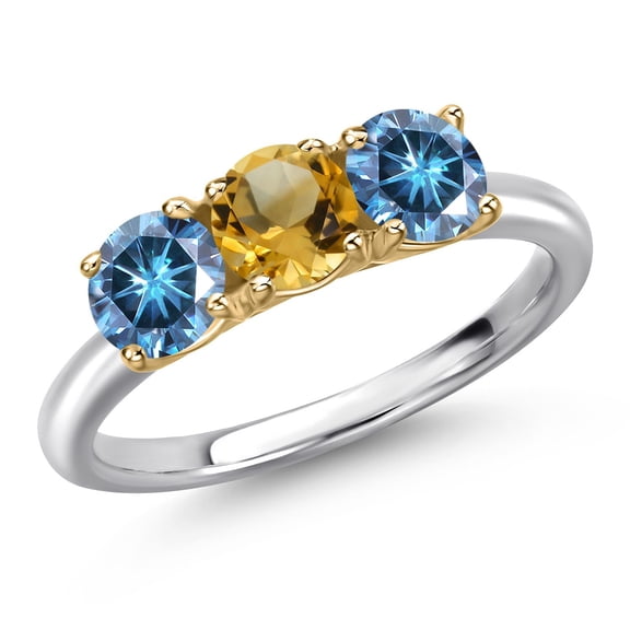 Gem Stone King 925 Silver and 10K Yellow Gold Yellow Citrine and Persian Blue Moissanite Engagement Ring for Women | 1.45 Cttw | Round 5MM | Gemstone November Birthstone | Size 7