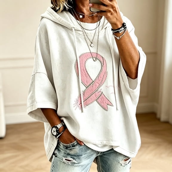 Breast Cancer Awareness Hoodies for Women Batwing 3/4 Sleeve Oversized Pullover Hooded Sweatshirts Fall Comfort Causal Hoodies, M