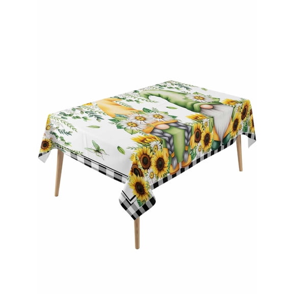 Sunflower Gnomes Table Cloth, Waterproof Tablecloth for Rectangle Tables, Spring Farmhouse Country Daisy Leaf Plaid Reusable Washable Fabric Table Cover for Restaurant Kitchen Dining Tables 54"x108"