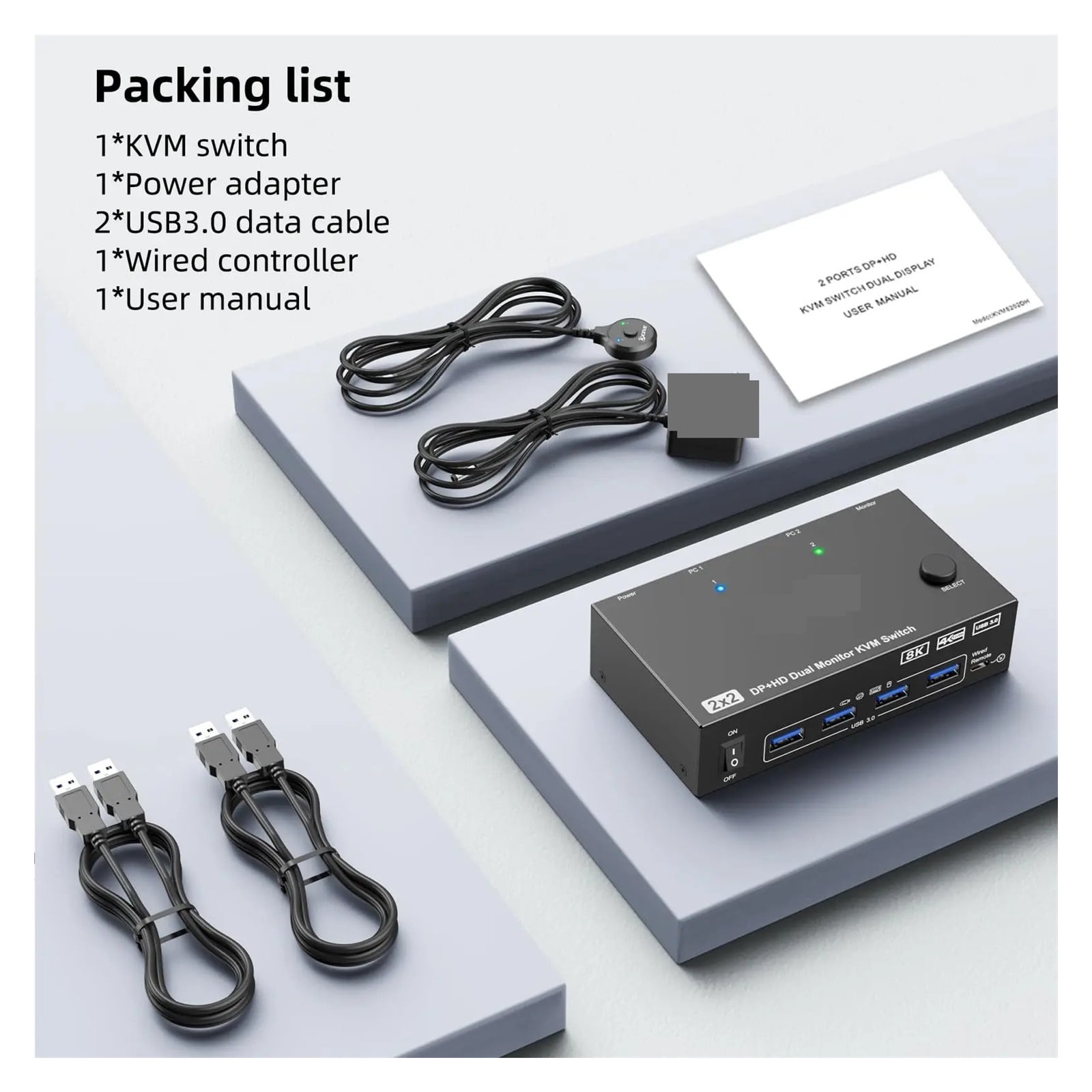 Dual Monitor KVM Switch 2 Port, 8K@60Hz 4K@144Hz +DP USB 3.0 Switch Extended Display 2 Monitors 2 Computers