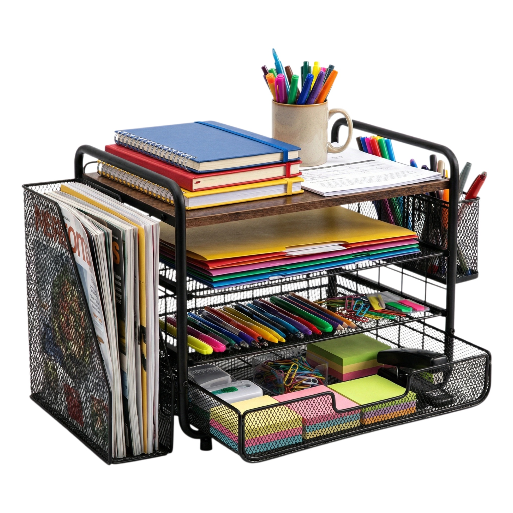 OUTMASTER 4-Tier Desk Organizer,Metal Desktop File Organizer with Drawer and Pen Holder,Office Supplies