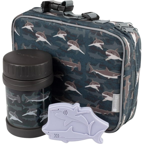 Bentology Kids Lunch Tote Set Shark Blue & Purple-Includes Reusable Hard Ice Pack & Stainless Steel Food Jar Thermos-Hot or Cold Food for Hours-Perfect Lunchbox Kit for Boys & Girls