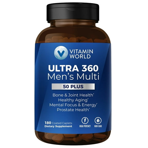 Vitamin World Ultra 360 Multivitamin for Men 50 Plus, Men's 50  Multivitamin with Minerals & Herbs for Prostate Function, Supplement with Vitamin A, C, D, E & Zinc for Healthy Aging, 180 Caplets