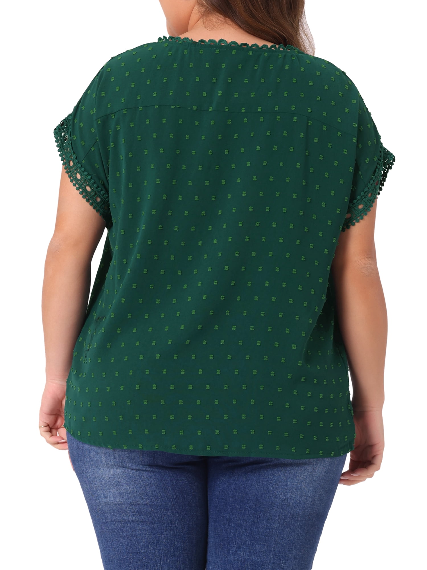 Women's Plus Tops with Swiss Dots Crew Neck Short Sleeve Casual Blouses 1X Dark Green