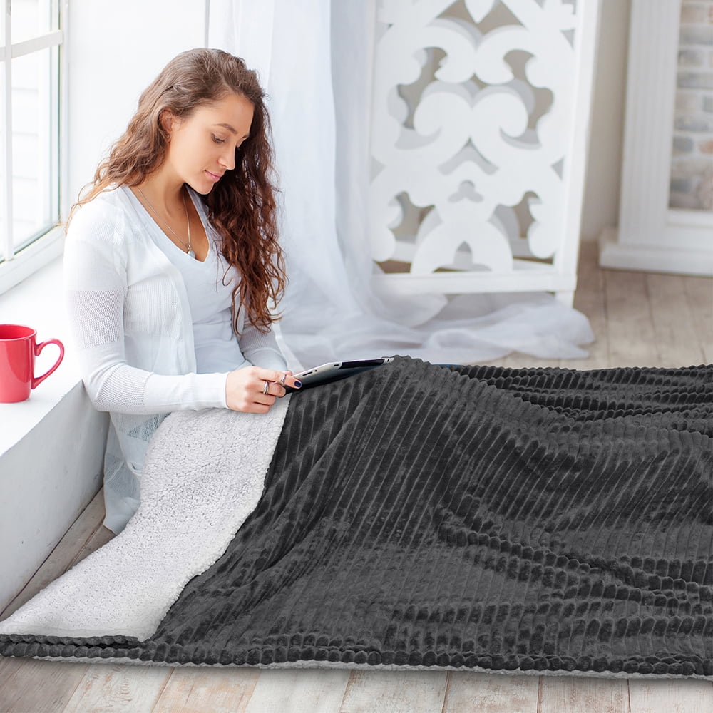 PAVILIA Reversible Sherpa Fleece Throw Blanket Dark Grey, Plush Flannel Throw, Ultra Soft Warm Ribbed Microfiber Blanket for Sofa Couch Bed, Luxury Thick Striped Blanket, Grey, 50x60
