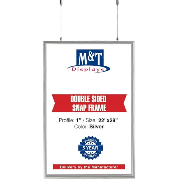 M&T Displays Double Sided Snap Frame Silver 22x28 Inch Picture Poster Holder 1" Aluminum Profile Front Loading Mitered Corner with Hanging Hardware