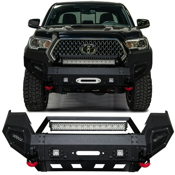 Vijay Compatible with 2016-2017-2018-2019-2020-2021-2022-2023 Toyota Tacoma Front Bumper Textured Black Steel with Lights and D-rings