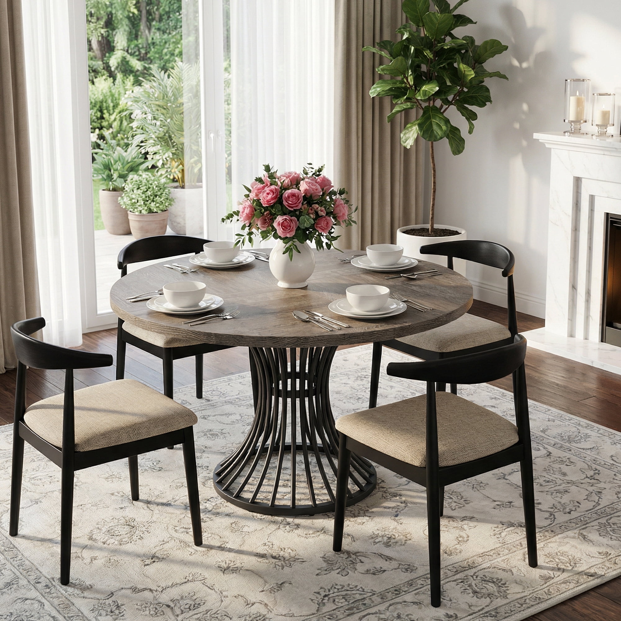 MAYEERTY 47 Inch Round Farmhouse Dining Table, Hourglass Shaped Metal Base Kitchen Dinner Table for 4 to 6 People